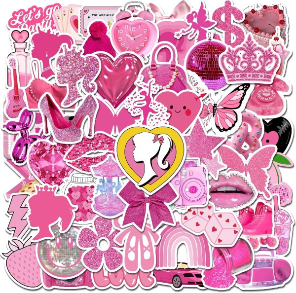 KASENSEN 70pc BB Princess Stickers – Hot Pink Preppy Vinyl Waterproof Cute Stickers for Water Bottle, Laptop, Birthday Party Decorations & Favors